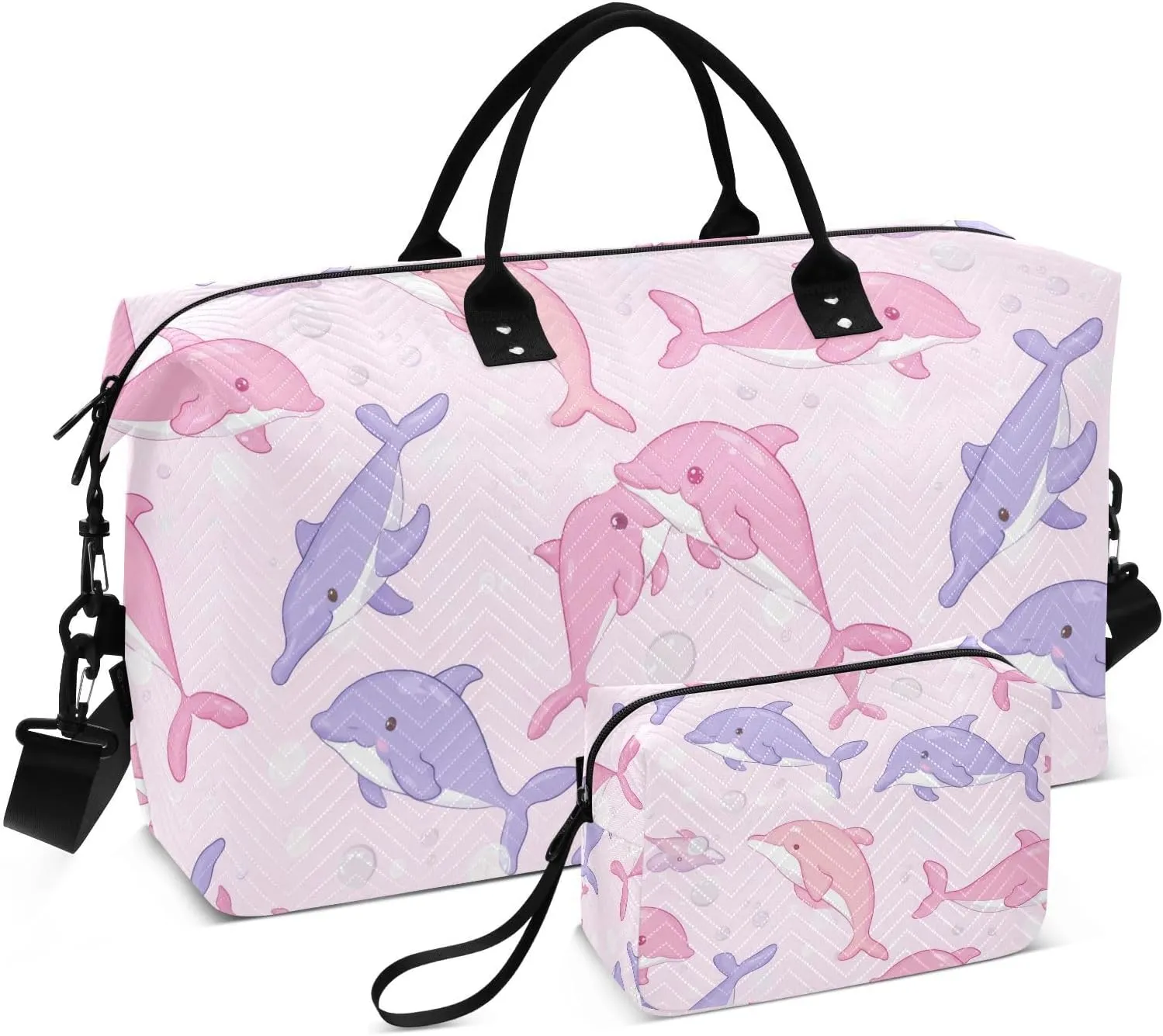 Cartoon Dolphin Bubble Pale Sports Gym Bag for Women Men Travel Duffel Bag Weekend Overnight Carry on Bag with Toiletry Bag Hospital Bag for Swimming Yoga Workout Plane Hospital