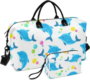 Cartoon Dolphin Bubbles Sports Gym Bag for Women Men Travel Duffel Bag Weekend Overnight Carry on Bag with Toiletry Bag Yoga Bag for Plane Hospital Swimming Yoga Workout