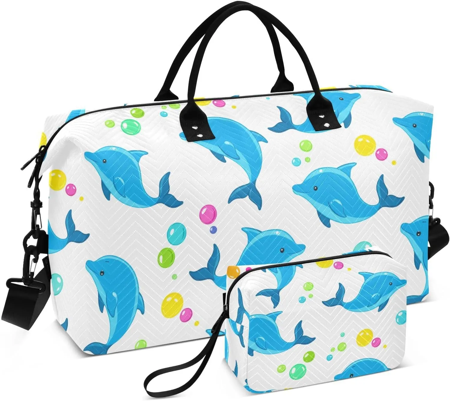 Cartoon Dolphin Bubbles Sports Gym Bag for Women Men Travel Duffel Bag Weekend Overnight Carry on Bag with Toiletry Bag Yoga Bag for Plane Hospital Swimming Yoga Workout