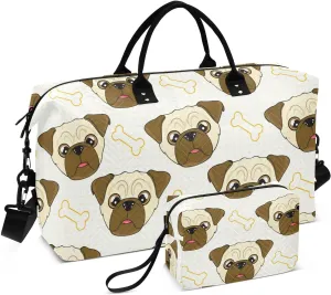 Cartoon Pug Bone Beige Sports Gym Bag for Women Men Travel Duffel Bag Weekend Overnight Carry on Bag with Toiletry Bag for Workout Swimming Yoga Plane