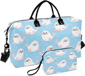 Cartoon Seal Bubbles Lightblue Sports Gym Bag for Women Men Travel Duffel Bag Weekend Overnight Carry on Bag with Toiletry Bag Air Travel Bag for Plane Hospital Swimming Yoga Workout