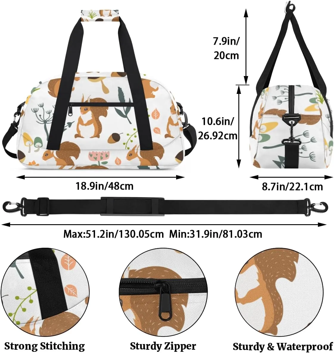 Cartoon Squirrels Boys Girls Gym Bag Dance Perform Training Duffel Bags Weekender Carry-On Tote Luggage Bag Ideal for School Practice or Overnight Trips