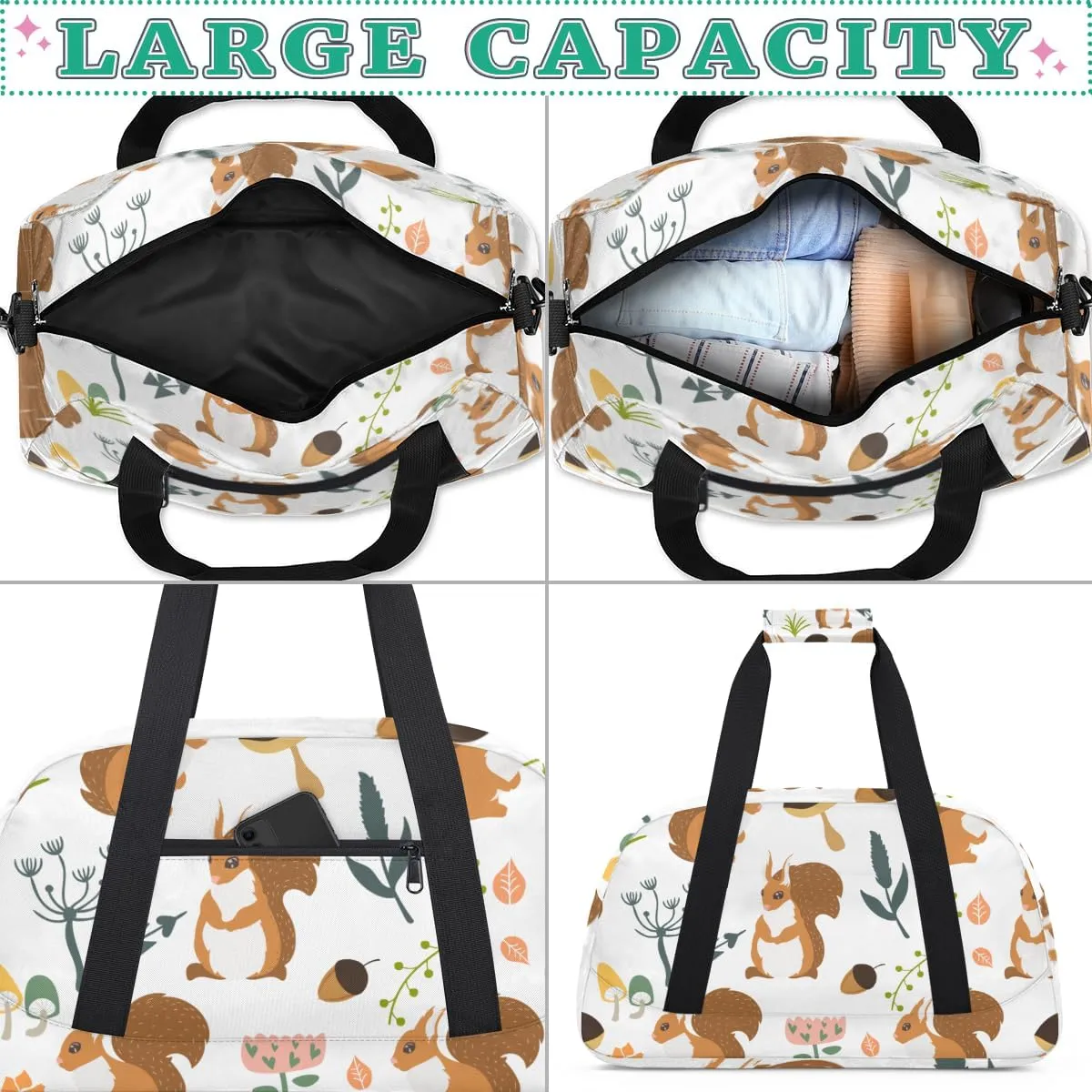 Cartoon Squirrels Boys Girls Gym Bag Dance Perform Training Duffel Bags Weekender Carry-On Tote Luggage Bag Ideal for School Practice or Overnight Trips