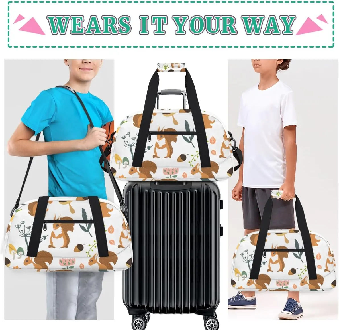 Cartoon Squirrels Boys Girls Gym Bag Dance Perform Training Duffel Bags Weekender Carry-On Tote Luggage Bag Ideal for School Practice or Overnight Trips