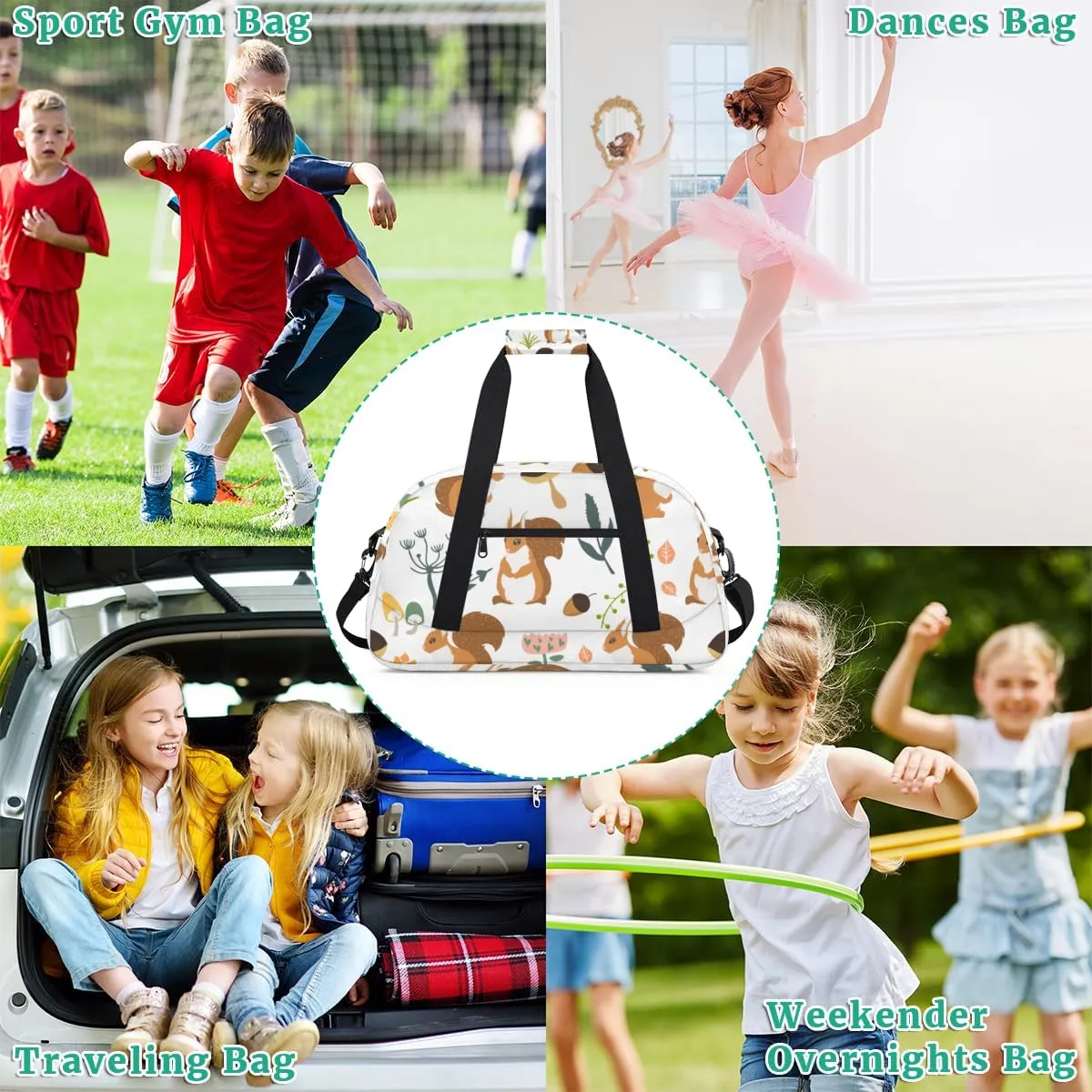 Cartoon Squirrels Boys Girls Gym Bag Dance Perform Training Duffel Bags Weekender Carry-On Tote Luggage Bag Ideal for School Practice or Overnight Trips
