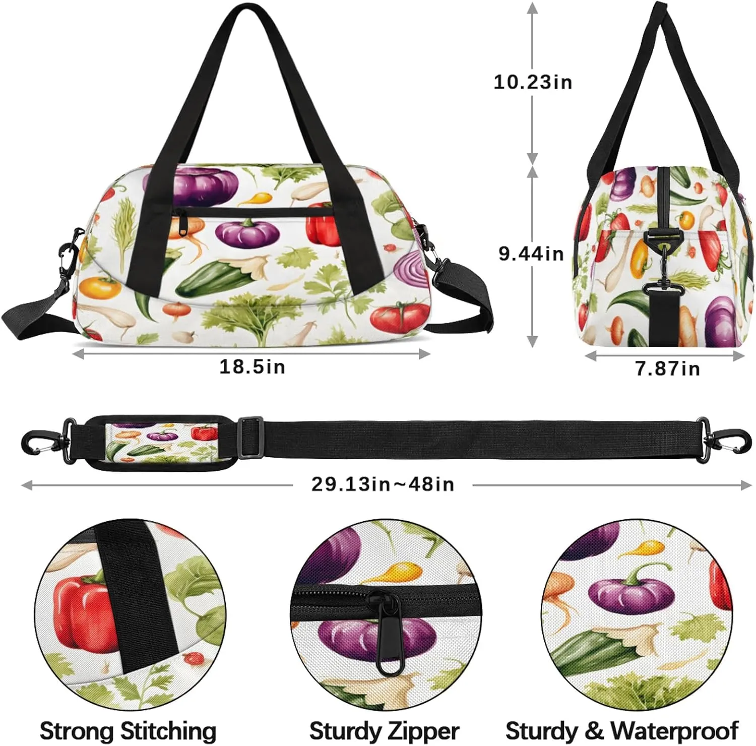 Cartoon Vegetables Kids Duffel Bag Lightweight Waterproof Sports Gym Bag with Front Zipper Pocket Foldable Weekender Overnight Bag for School Practice Gymnastic Ballet