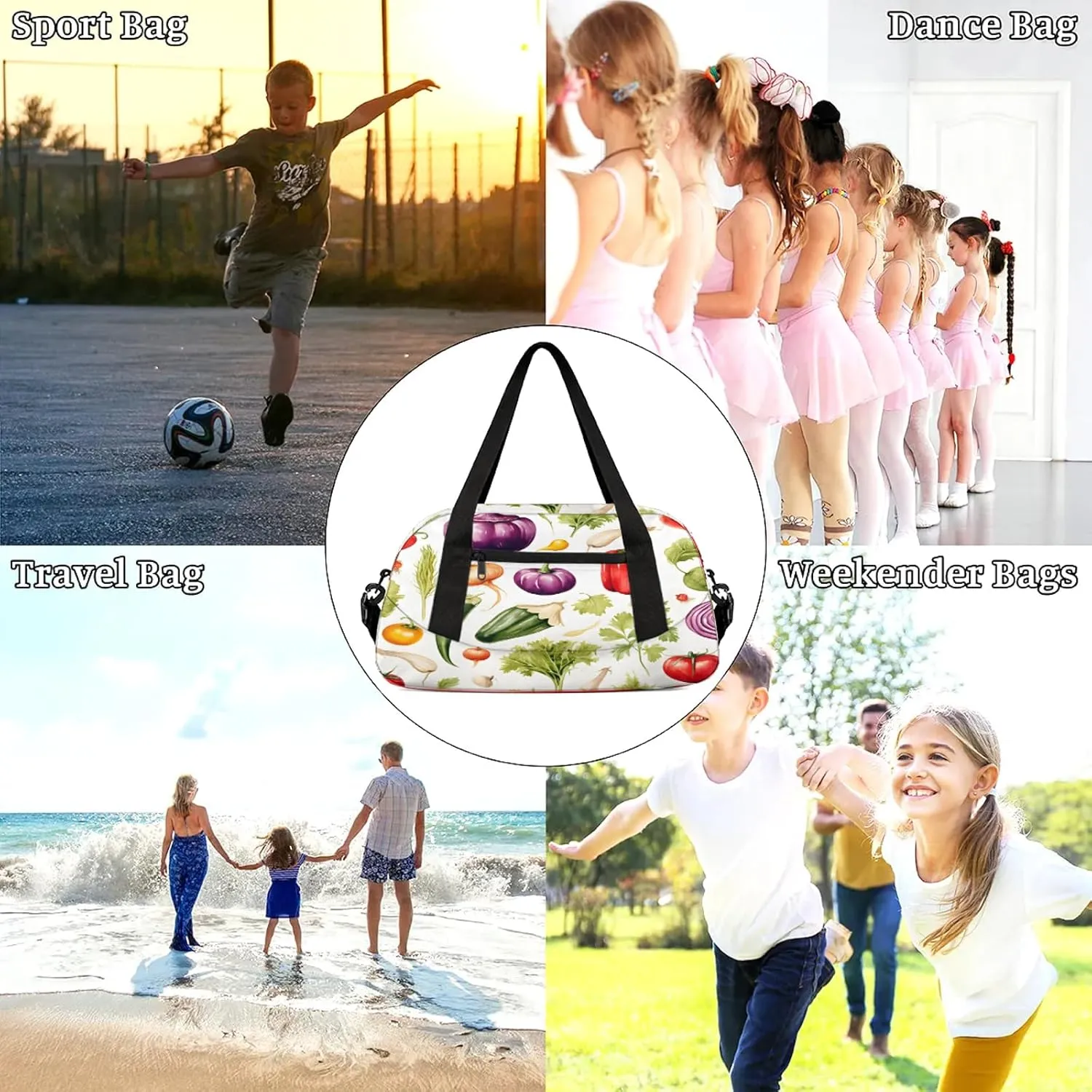 Cartoon Vegetables Kids Duffel Bag Lightweight Waterproof Sports Gym Bag with Front Zipper Pocket Foldable Weekender Overnight Bag for School Practice Gymnastic Ballet