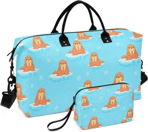 Cartoon Walrus Iceberg Snowflake Sports Gym Bag for Women Men Travel Duffel Bag Weekend Overnight Carry on Bag with Toiletry Bag for Plane Workout Swimming Yoga