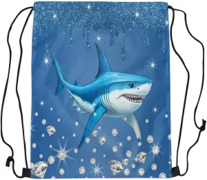 Castle Fairy Shark String Bag 16X13 Inch Blue Sequin Fluid Art Sports Backpack Birthday Gifts Nautical Sea Animal Ocean Drawstring Bags for Women Gym Shopping Sport Yoga