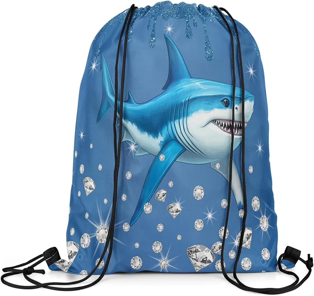 Castle Fairy Shark String Bag 16X13 Inch Blue Sequin Fluid Art Sports Backpack Birthday Gifts Nautical Sea Animal Ocean Drawstring Bags for Women Gym Shopping Sport Yoga