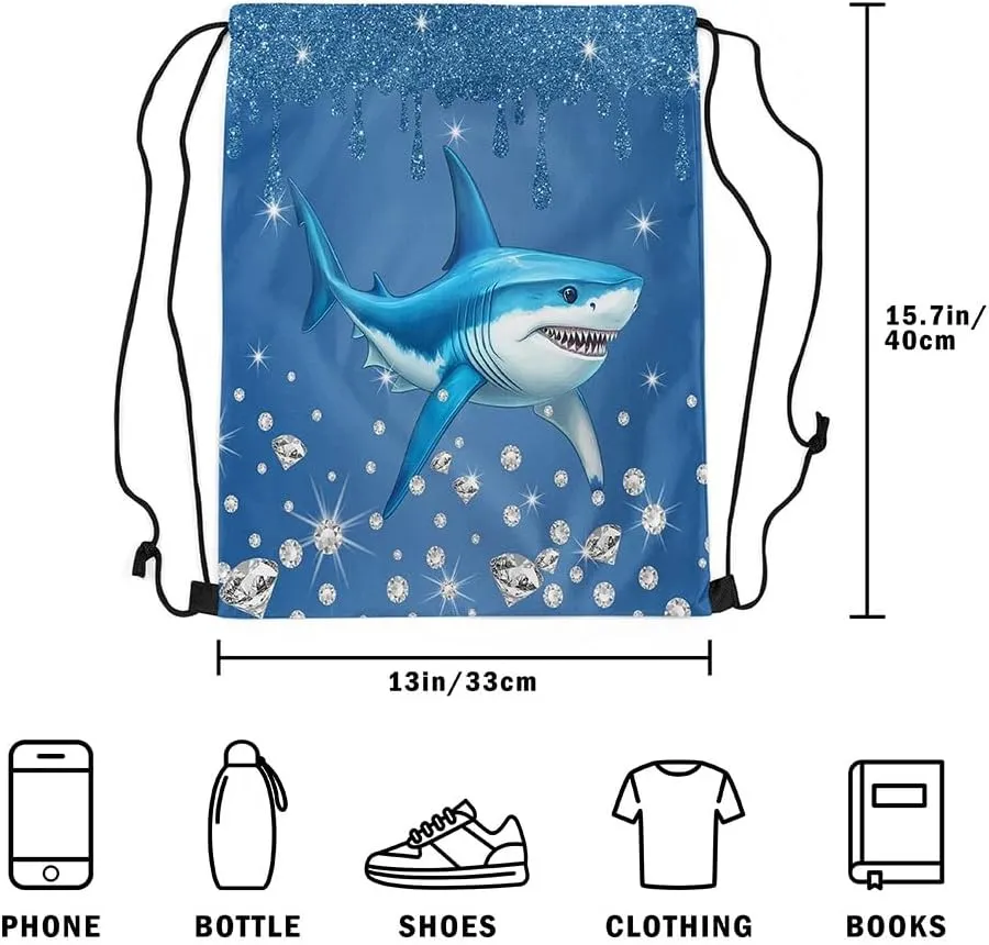 Castle Fairy Shark String Bag 16X13 Inch Blue Sequin Fluid Art Sports Backpack Birthday Gifts Nautical Sea Animal Ocean Drawstring Bags for Women Gym Shopping Sport Yoga