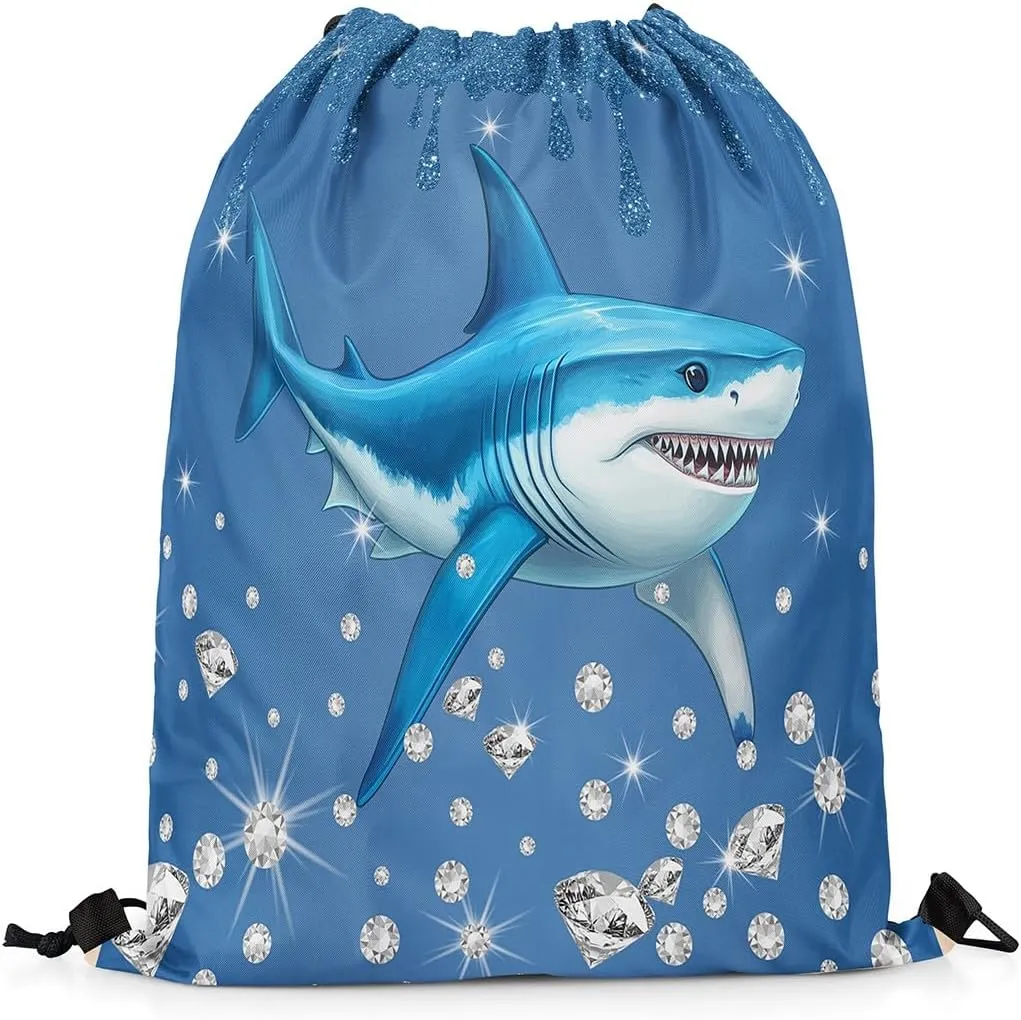 Castle Fairy Shark String Bag 16X13 Inch Blue Sequin Fluid Art Sports Backpack Birthday Gifts Nautical Sea Animal Ocean Drawstring Bags for Women Gym Shopping Sport Yoga