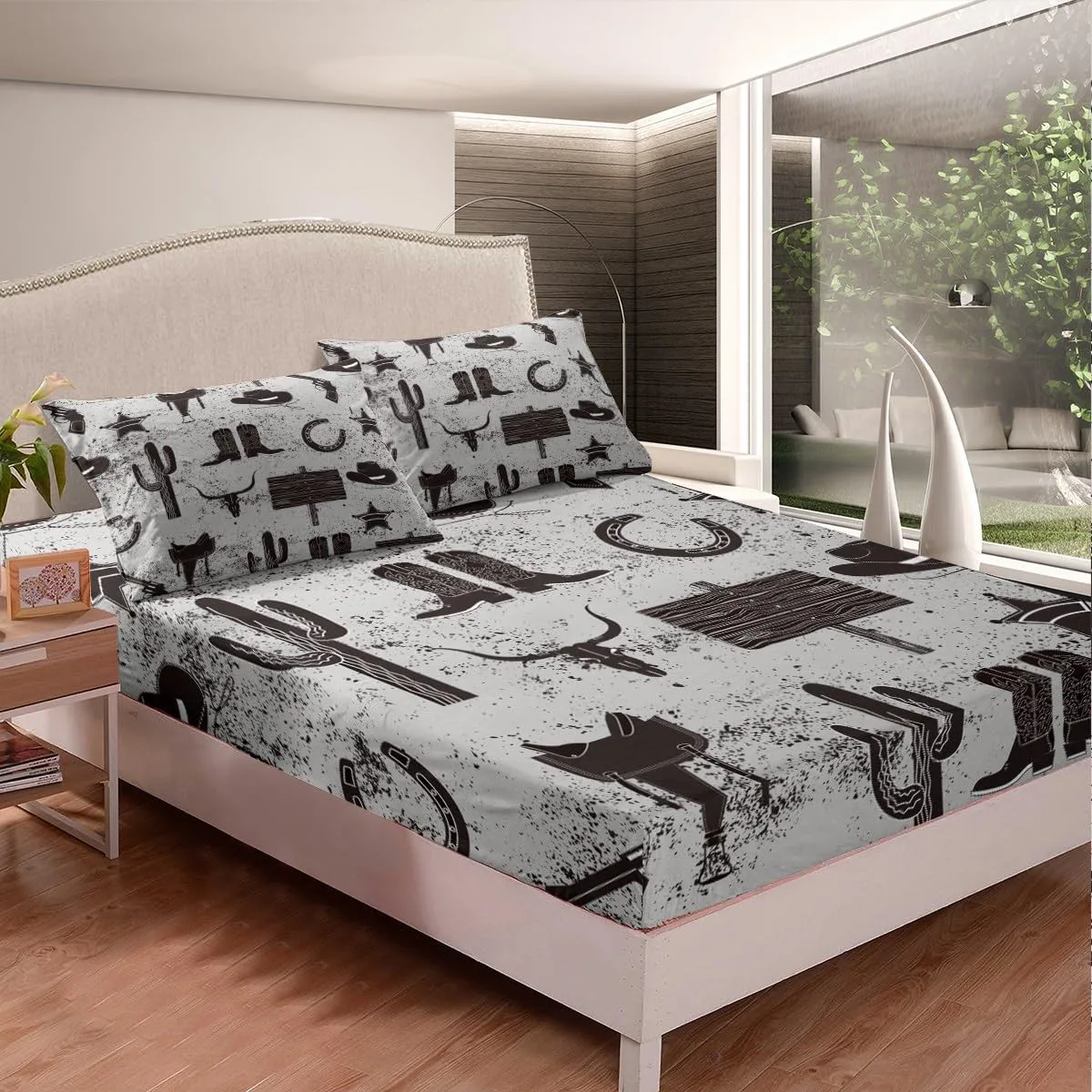 Castle Fairy Southwest Cowboy Full Size Fitted Sheet,Rustic Boot Hat Horseshoes Print Soft Luxury Bedding Set,Retro Grey Graffiti Western Ethnic Bed Cover All Round Elastic Pocket with 2 Pillowcases