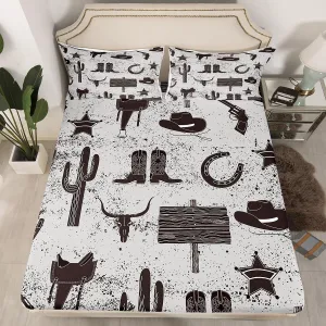 Castle Fairy Southwest Cowboy Full Size Fitted Sheet,Rustic Boot Hat Horseshoes Print Soft Luxury Bedding Set,Retro Grey Graffiti Western Ethnic Bed Cover All Round Elastic Pocket with 2 Pillowcases