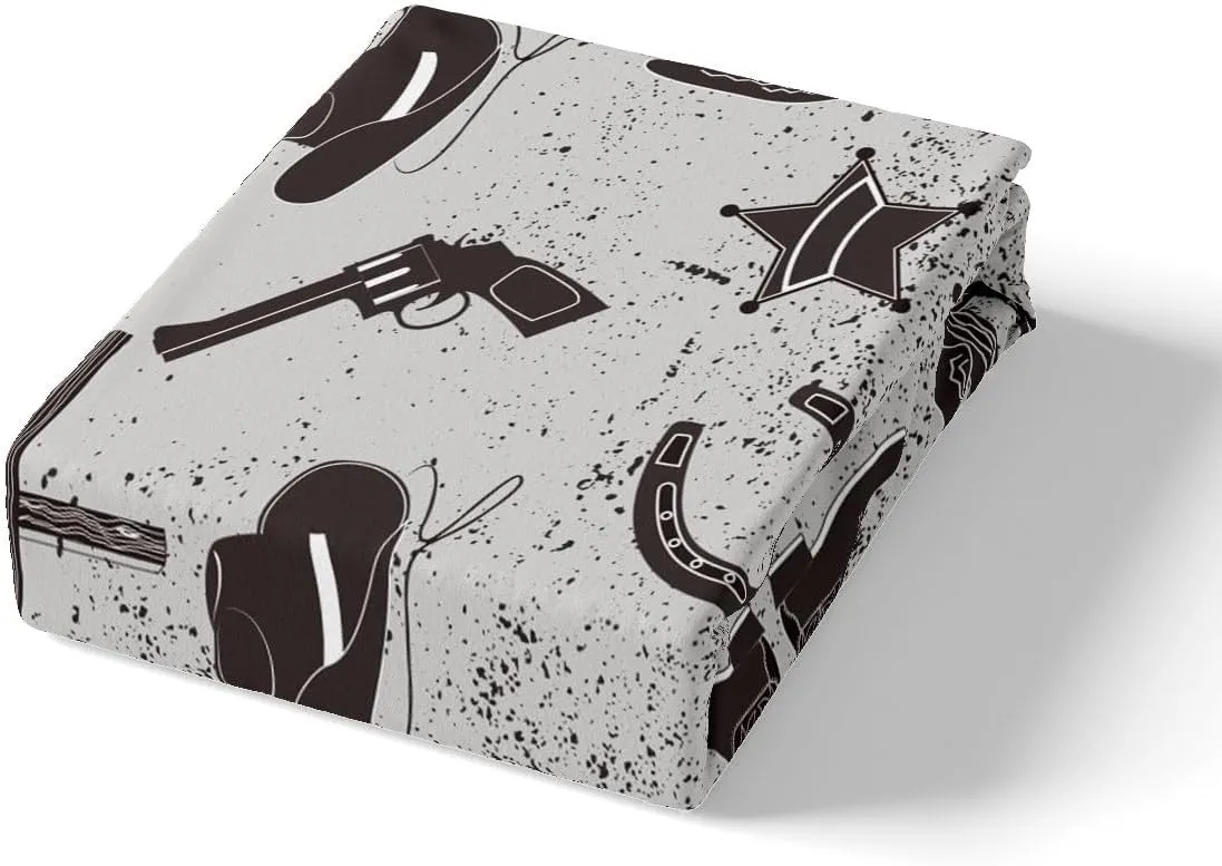 Castle Fairy Southwest Cowboy Full Size Fitted Sheet,Rustic Boot Hat Horseshoes Print Soft Luxury Bedding Set,Retro Grey Graffiti Western Ethnic Bed Cover All Round Elastic Pocket with 2 Pillowcases