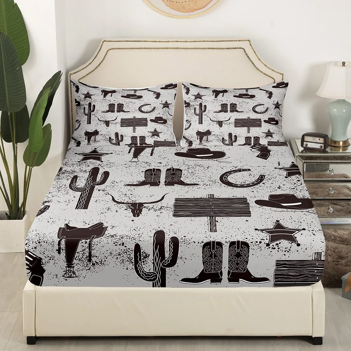 Castle Fairy Southwest Cowboy Full Size Fitted Sheet,Rustic Boot Hat Horseshoes Print Soft Luxury Bedding Set,Retro Grey Graffiti Western Ethnic Bed Cover All Round Elastic Pocket with 2 Pillowcases
