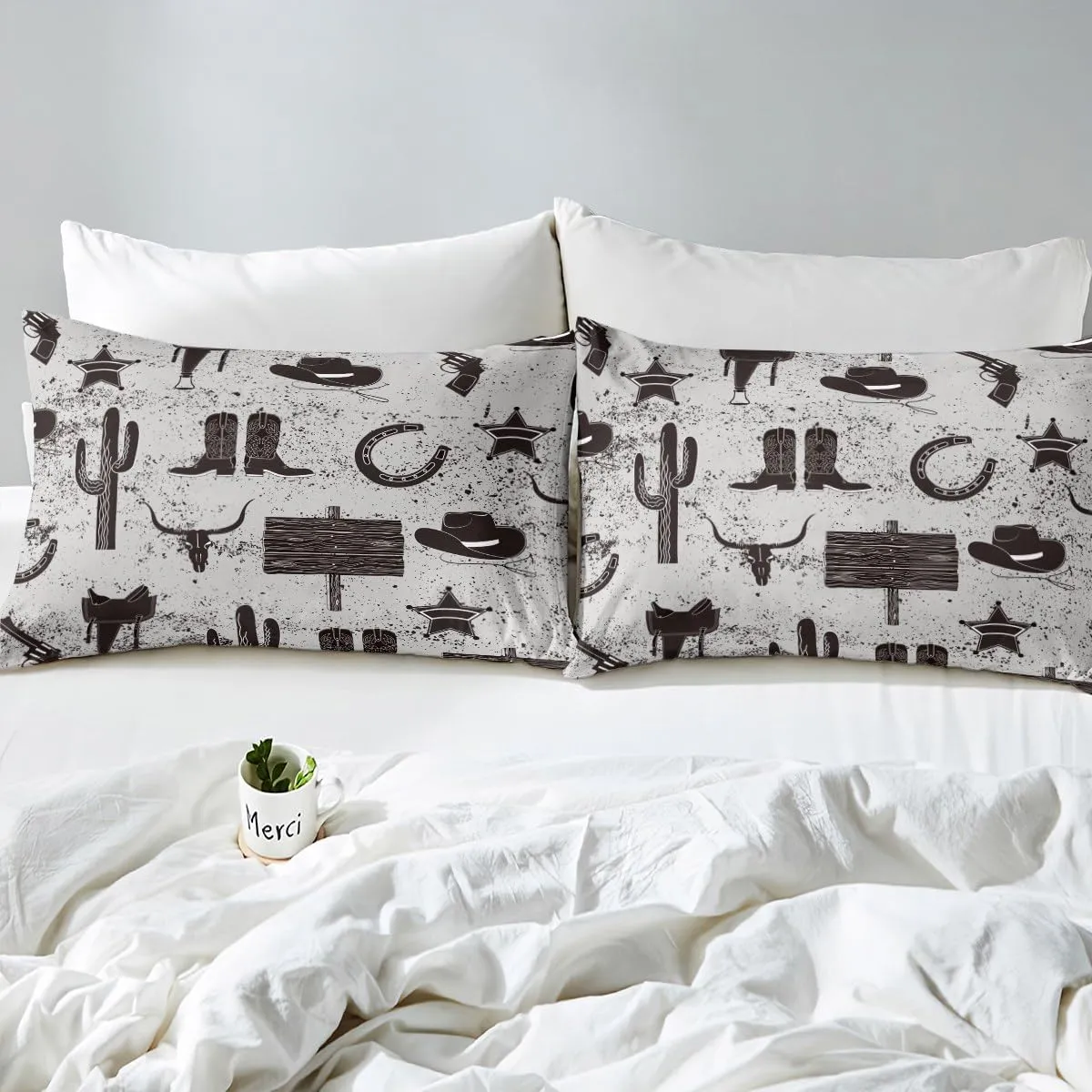 Castle Fairy Southwest Cowboy Full Size Fitted Sheet,Rustic Boot Hat Horseshoes Print Soft Luxury Bedding Set,Retro Grey Graffiti Western Ethnic Bed Cover All Round Elastic Pocket with 2 Pillowcases