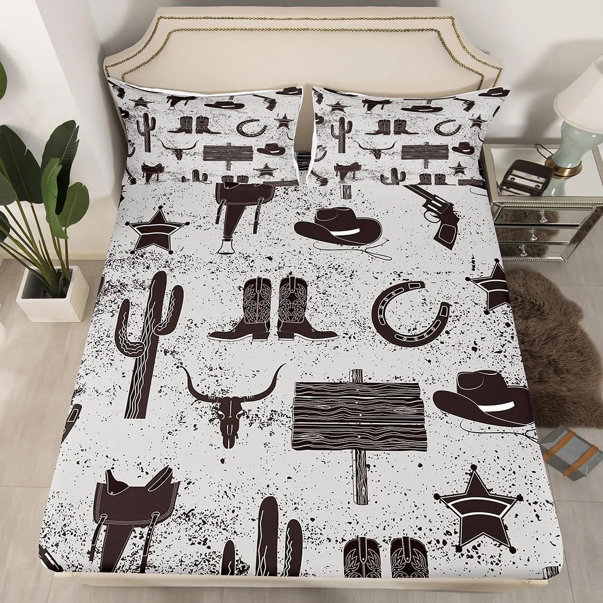 Castle Fairy Southwest Cowboy Full Size Fitted Sheet,Rustic Boot Hat Horseshoes Print Soft Luxury Bedding Set,Retro Grey Graffiti Western Ethnic Bed Cover All Round Elastic Pocket with 2 Pillowcases