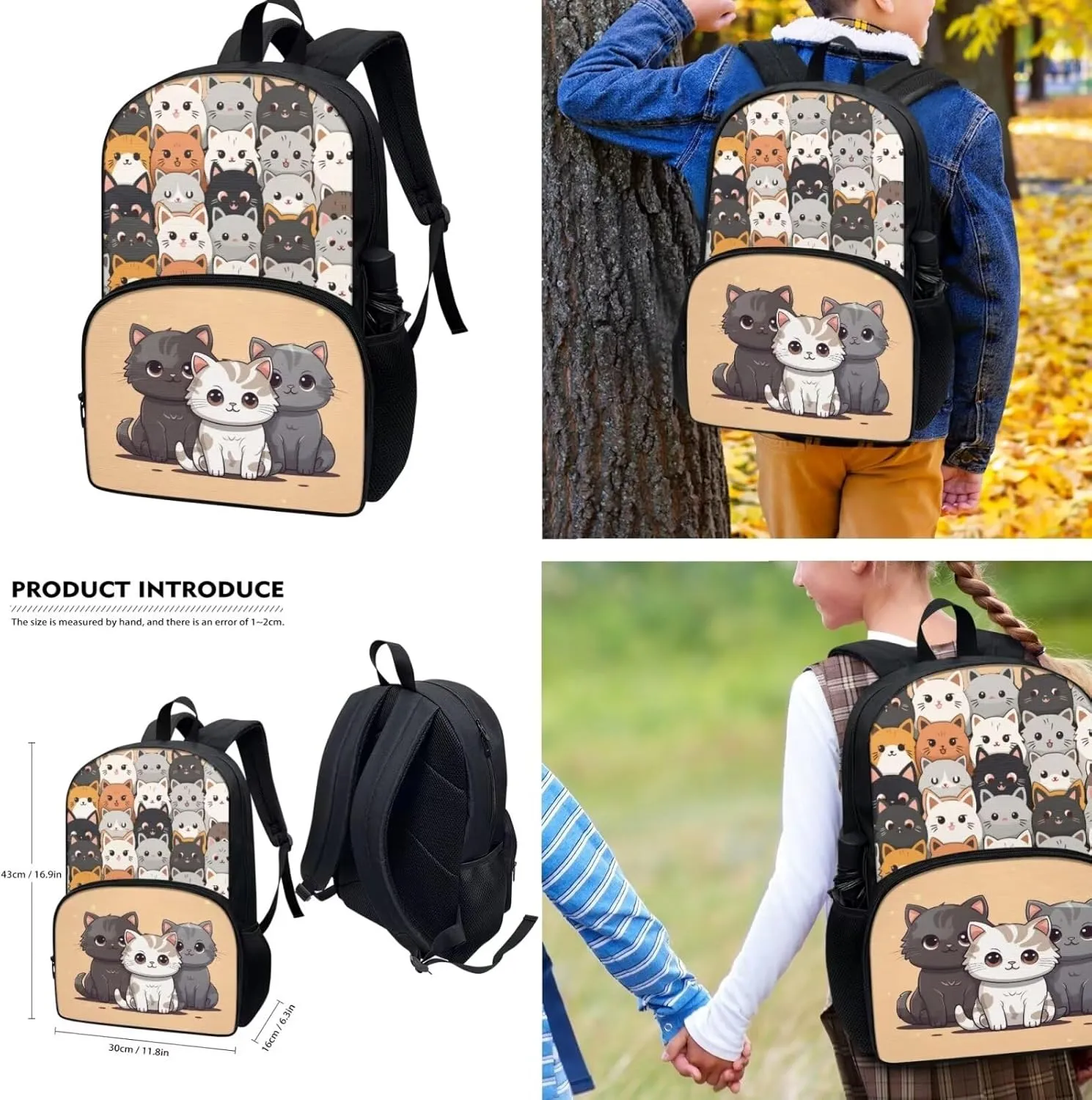 Cat Backpack for School for Girls Age 6-8 3Pcs School Bag Set for Kids, Cute Cat Backpack with Lunch Box Back to School Bookbag Pencil Case