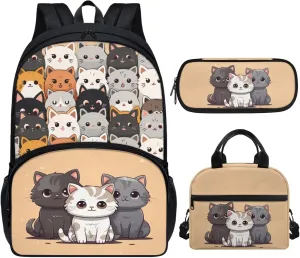 Cat Backpack for School for Girls Age 6-8 3Pcs School Bag Set for Kids, Cute Cat Backpack with Lunch Box Back to School Bookbag Pencil Case