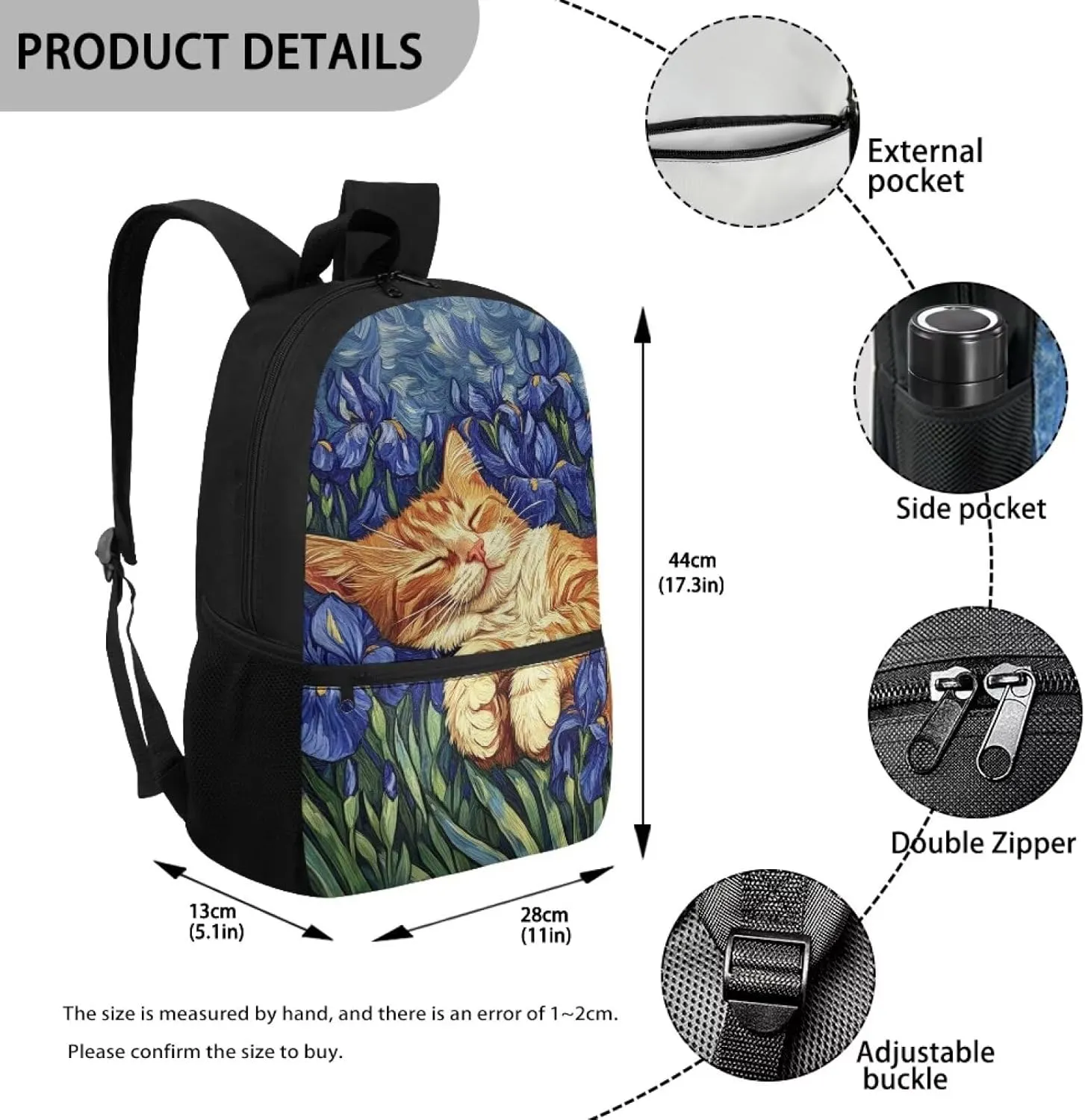 Cat Backpack for School for Girls Iris in Garden Large School Backpack for Teen Girls Lightweight School Bags with Padded Shoulder Strap 17 Inch Travel Rucksack