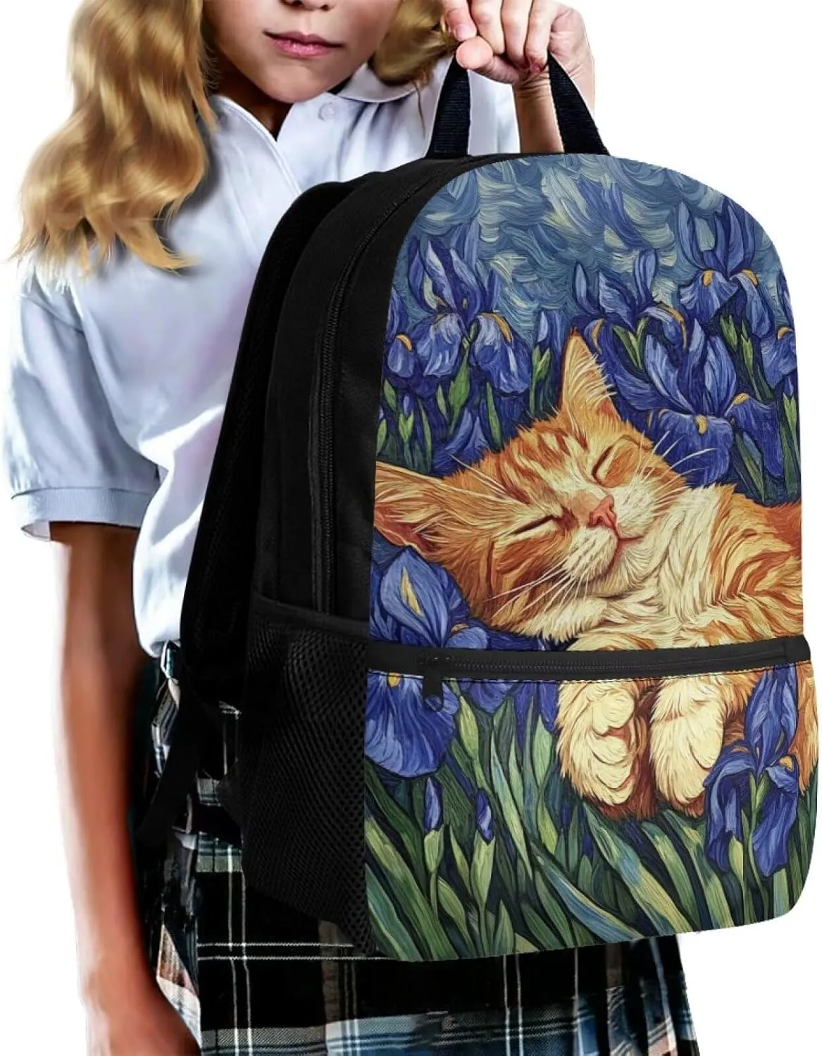 Cat Backpack for School for Girls Iris in Garden Large School Backpack for Teen Girls Lightweight School Bags with Padded Shoulder Strap 17 Inch Travel Rucksack