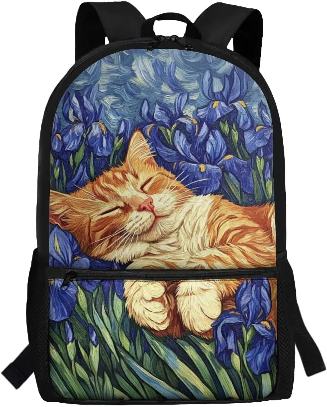 Cat Backpack for School for Girls Iris in Garden Large School Backpack for Teen Girls Lightweight School Bags with Padded Shoulder Strap 17 Inch Travel Rucksack