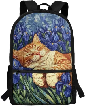 Cat Backpack for School for Girls Iris in Garden Large School Backpack for Teen Girls Lightweight School Bags with Padded Shoulder Strap 17 Inch Travel Rucksack