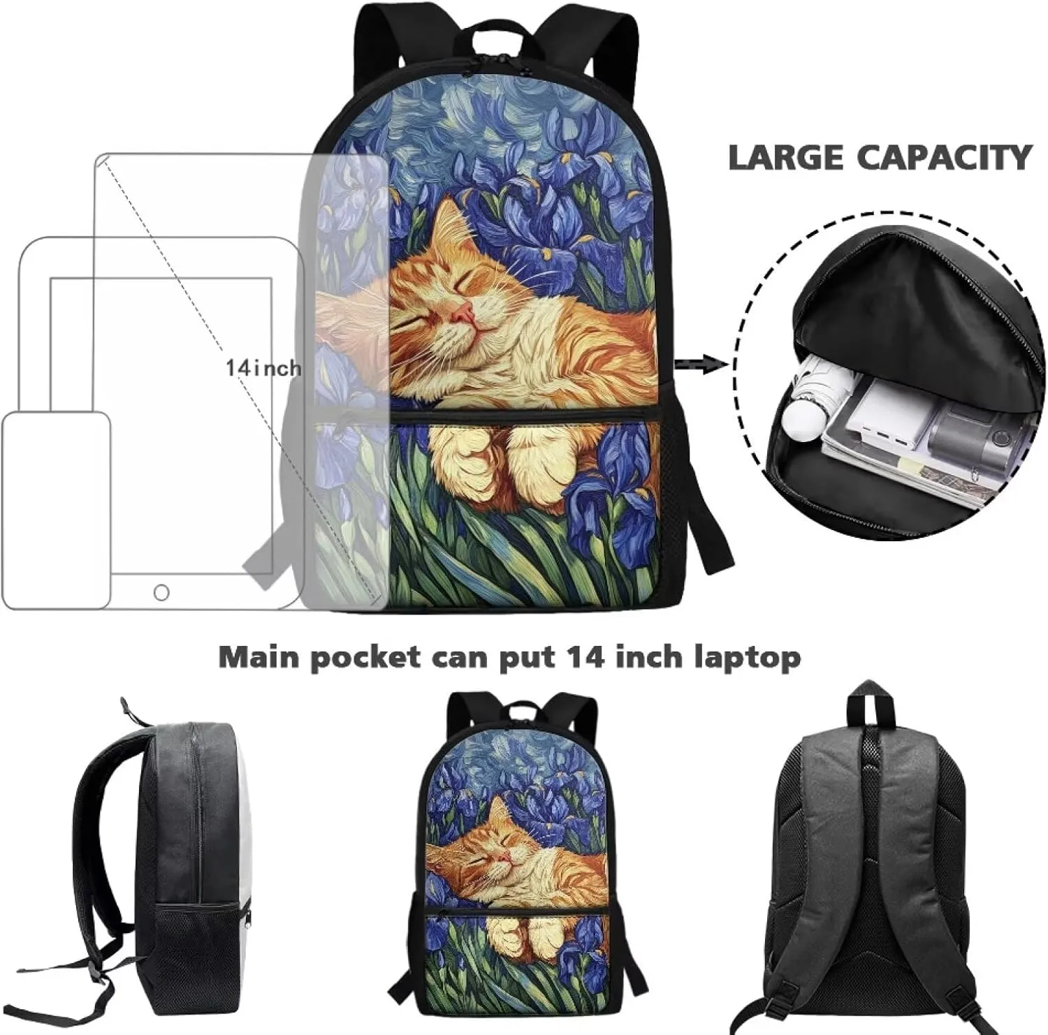 Cat Backpack for School for Girls Iris in Garden Large School Backpack for Teen Girls Lightweight School Bags with Padded Shoulder Strap 17 Inch Travel Rucksack