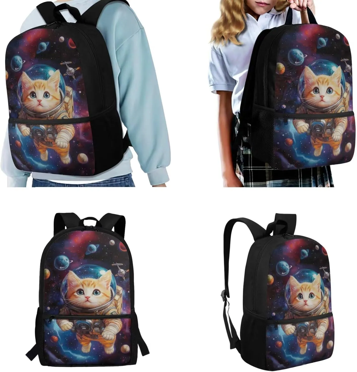 Cat Backpacks for Girls with Lunch Box Astronaut Kindergarten Backpack for Girls with Lunchbox Heavy Duty 4 in 1 Set Kids Back Pack Travel Knapsack Daypack