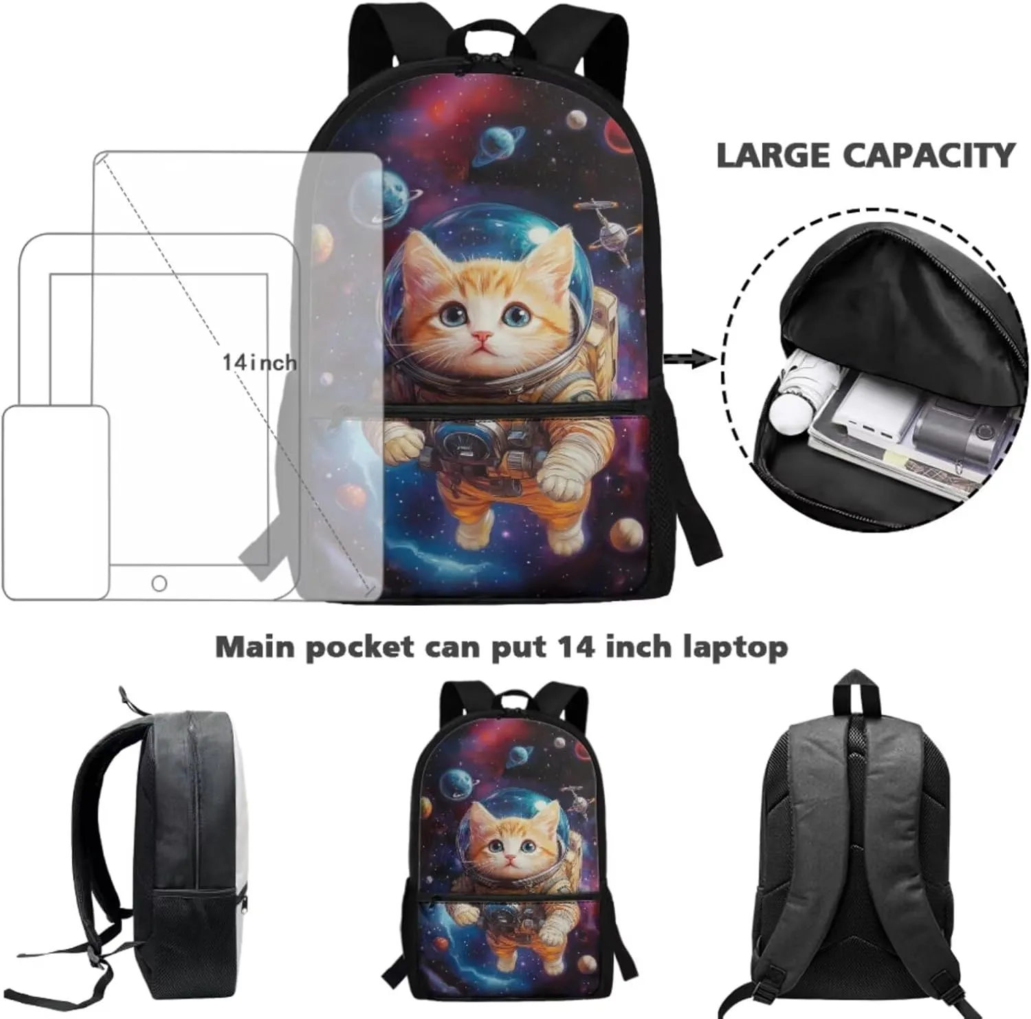 Cat Backpacks for Girls with Lunch Box Astronaut Kindergarten Backpack for Girls with Lunchbox Heavy Duty 4 in 1 Set Kids Back Pack Travel Knapsack Daypack