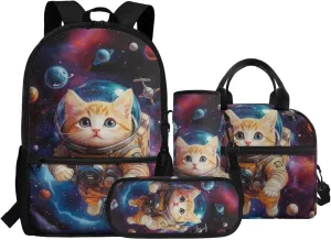 Cat Backpacks for Girls with Lunch Box Astronaut Kindergarten Backpack for Girls with Lunchbox Heavy Duty 4 in 1 Set Kids Back Pack Travel Knapsack Daypack