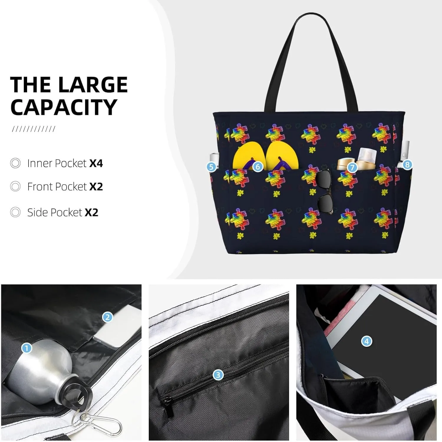 Cat Dad Beach Bag Women Tote Bag Pool Bag With Zipper For Gym Grocery Travel With Wet Pocket