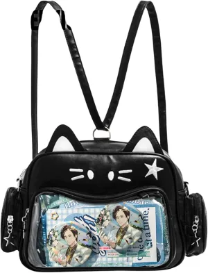Cat Ita Bag Pin Display Backpack for School Preppy Backpack for Girls Ita Crossbody with Insert Shoulder Bag (Black)
