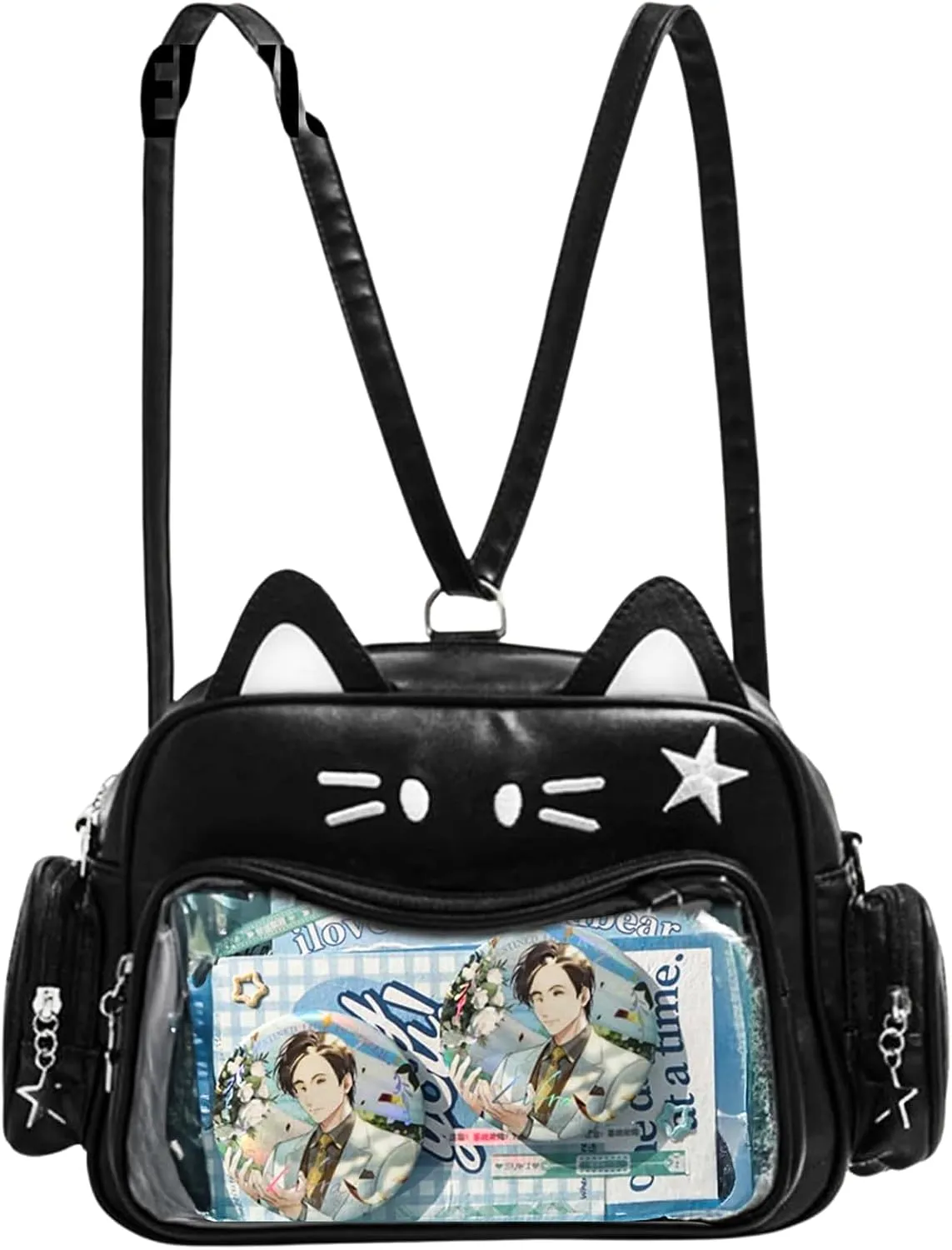 Cat Ita Bag Pin Display Backpack for School Preppy Backpack for Girls Ita Crossbody with Insert Shoulder Bag (Black)