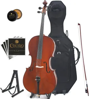 Cecilio CCO-500 Ebony Fitted Flamed Solid Wood Cello with Hard & Soft Case, Stand, Bow, Rosin, Bridge and Extra Set of Strings (4/4-Size, Varnish)