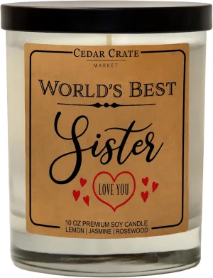 Cedar Crate Market - World's Best Sister - Big, Little Sister Birthday Gift, Funny Candle Present from Brother, Sibling, Bestie Gift Ideas, Long Distance, 100% Soy Wax - Made in USA