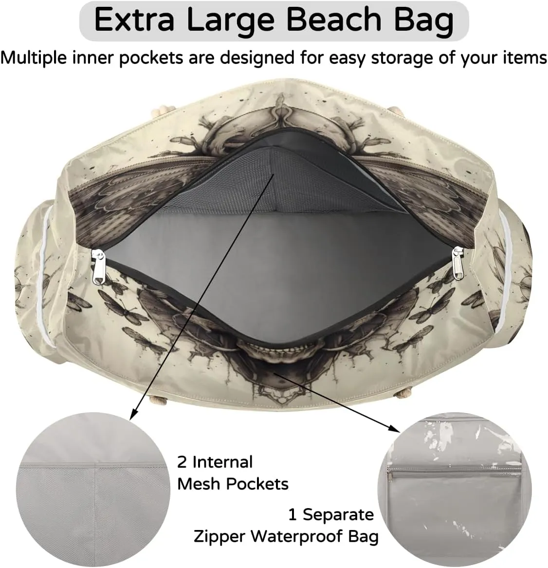 cfpolar Large Beach Bag, Waterproof Sandproof Beach Tote Bag with Zipper