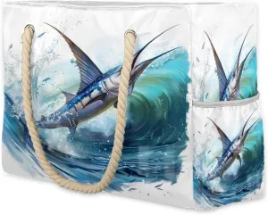 cfpolar Watercolor Sailfish Large Beach Bag, Waterproof Sandproof Beach Tote Bag with Zipper, Pool Bag for Women, Shoulder Bag for Gym Beach Travel Family Vacation Essentials