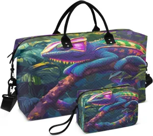 Chameleon Branch Foliage Dark Sports Gym Bag for Women Men Travel Duffel Bag Weekend Overnight Carry on Bag with Toiletry Bag Training Handbag for Swimming Yoga Workout Plane Hospital
