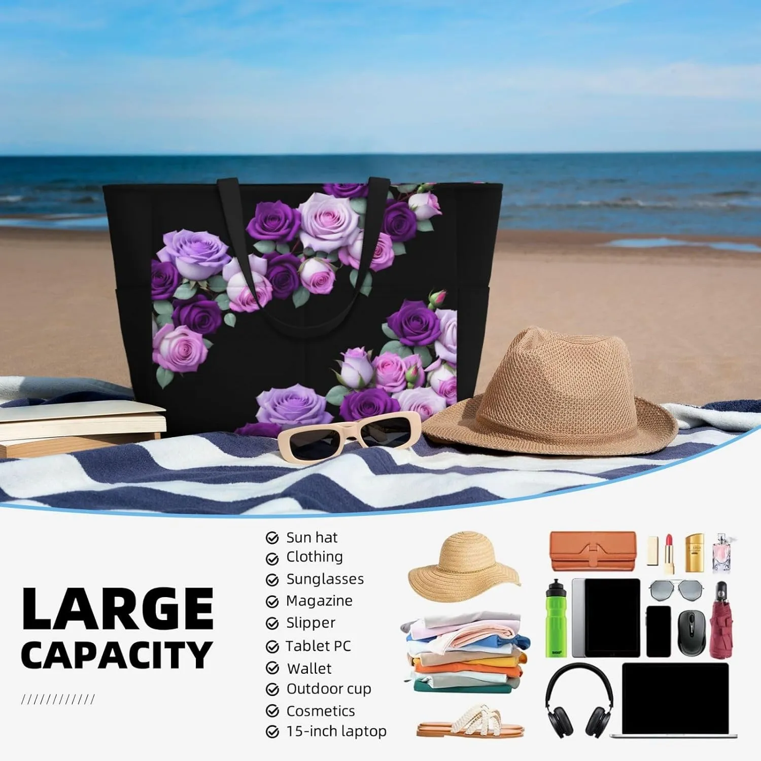 CHAOS MONKEY Women Large Beach Bag Sandproof Waterproof Travel Weekender Foldable Tote Bag for Pool Vacation Gym