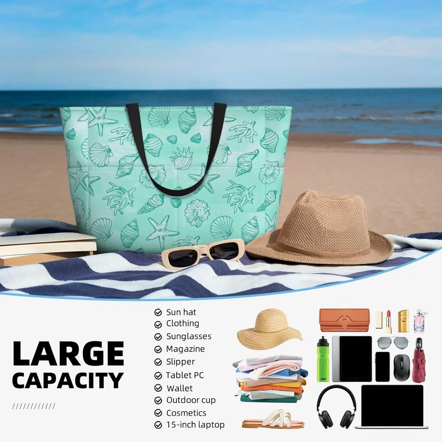 CHAOS MONKEY Women Large Beach Bag Sandproof Waterproof Travel Weekender Foldable Tote Bag for Pool Vacation Gym