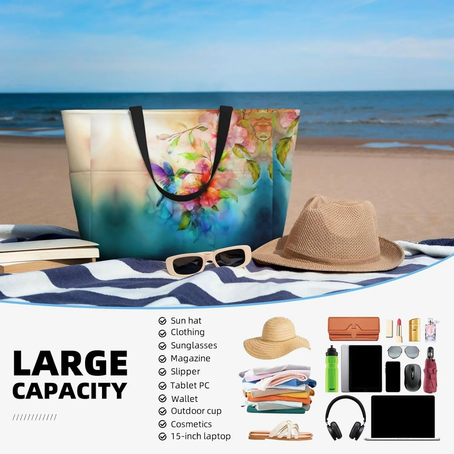 CHAOS MONKEY Women Large Beach Bag Sandproof Waterproof Travel Weekender Foldable Tote Bag for Pool Vacation Gym