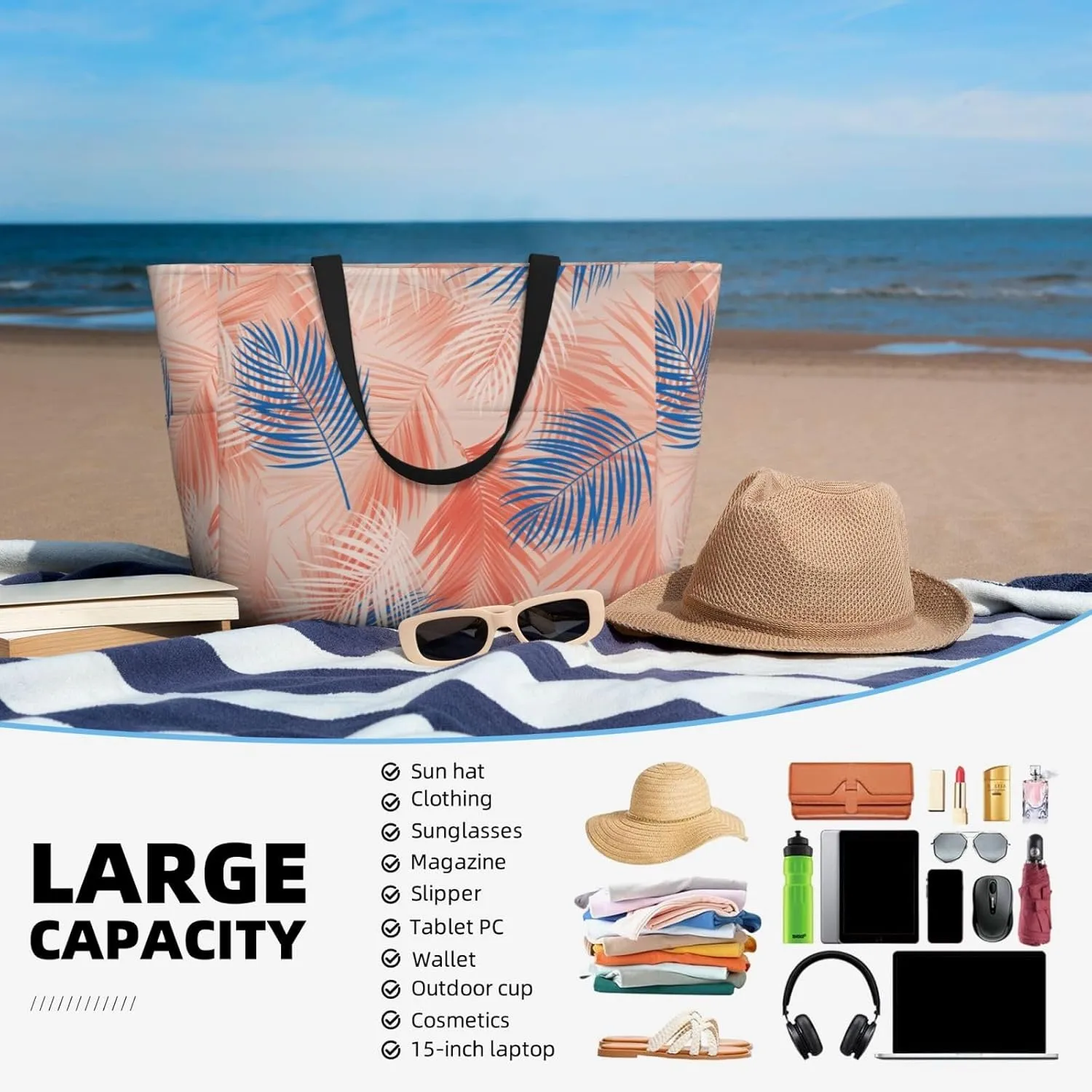 CHAOS MONKEY Women Large Beach Bag Sandproof Waterproof Travel Weekender Foldable Tote Bag for Pool Vacation Gym