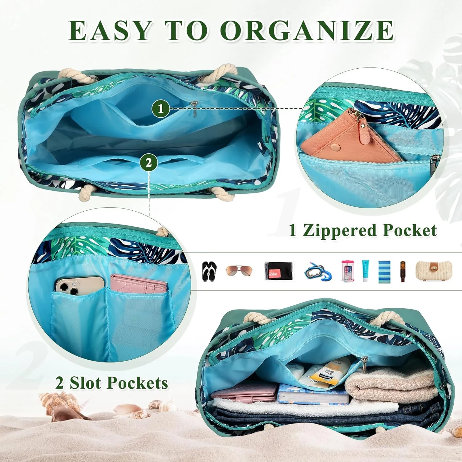 Chase Chic Beach Bag for Women, Large Beach Tote Multiple Pockets Summer Pool Bag with Zipper for Travel,Vacation
