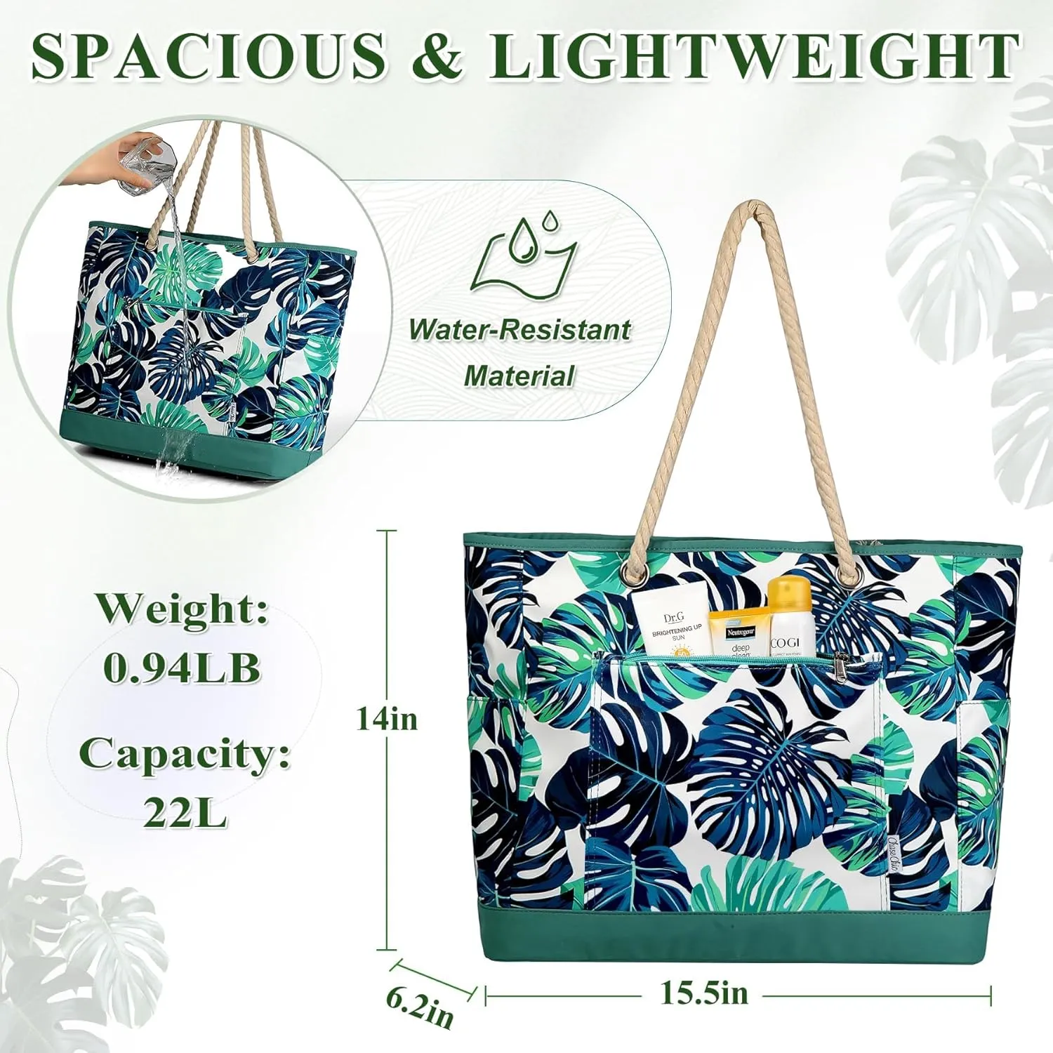 Chase Chic Beach Bag for Women, Large Beach Tote Multiple Pockets Summer Pool Bag with Zipper for Travel,Vacation