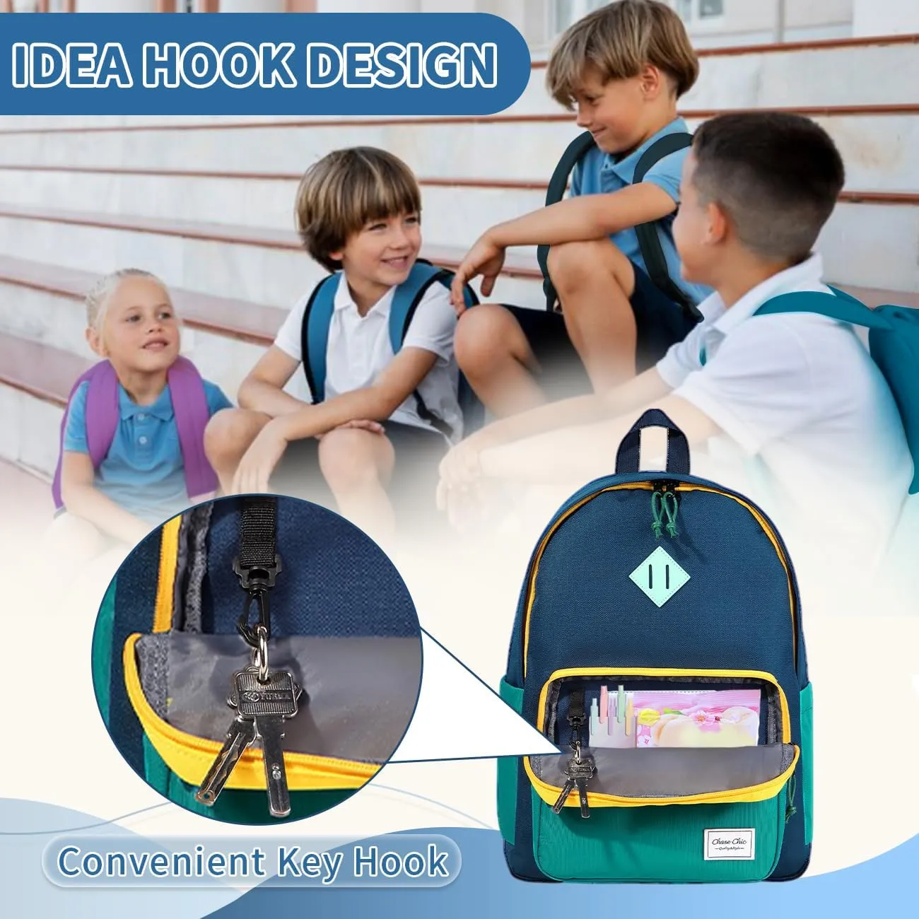 Chase Chic Kids Backpack for Boys - 17 inch School Backpacks for Toddler Girls Fits 6 to 12 Years Old - Lightweight Water Resistant Preschool Bookbag for Travel Daycare (Blue)