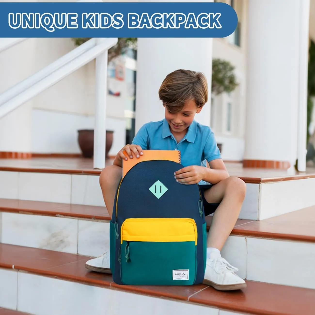Chase Chic Kids Backpack for Boys - 17 inch School Backpacks for Toddler Girls Fits 6 to 12 Years Old - Lightweight Water Resistant Preschool Bookbag for Travel Daycare (Blue)