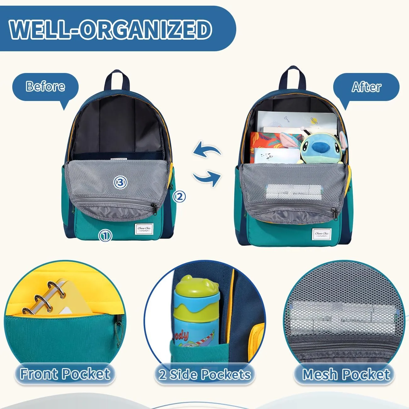 Chase Chic Kids Backpack for Boys - 17 inch School Backpacks for Toddler Girls Fits 6 to 12 Years Old - Lightweight Water Resistant Preschool Bookbag for Travel Daycare (Blue)