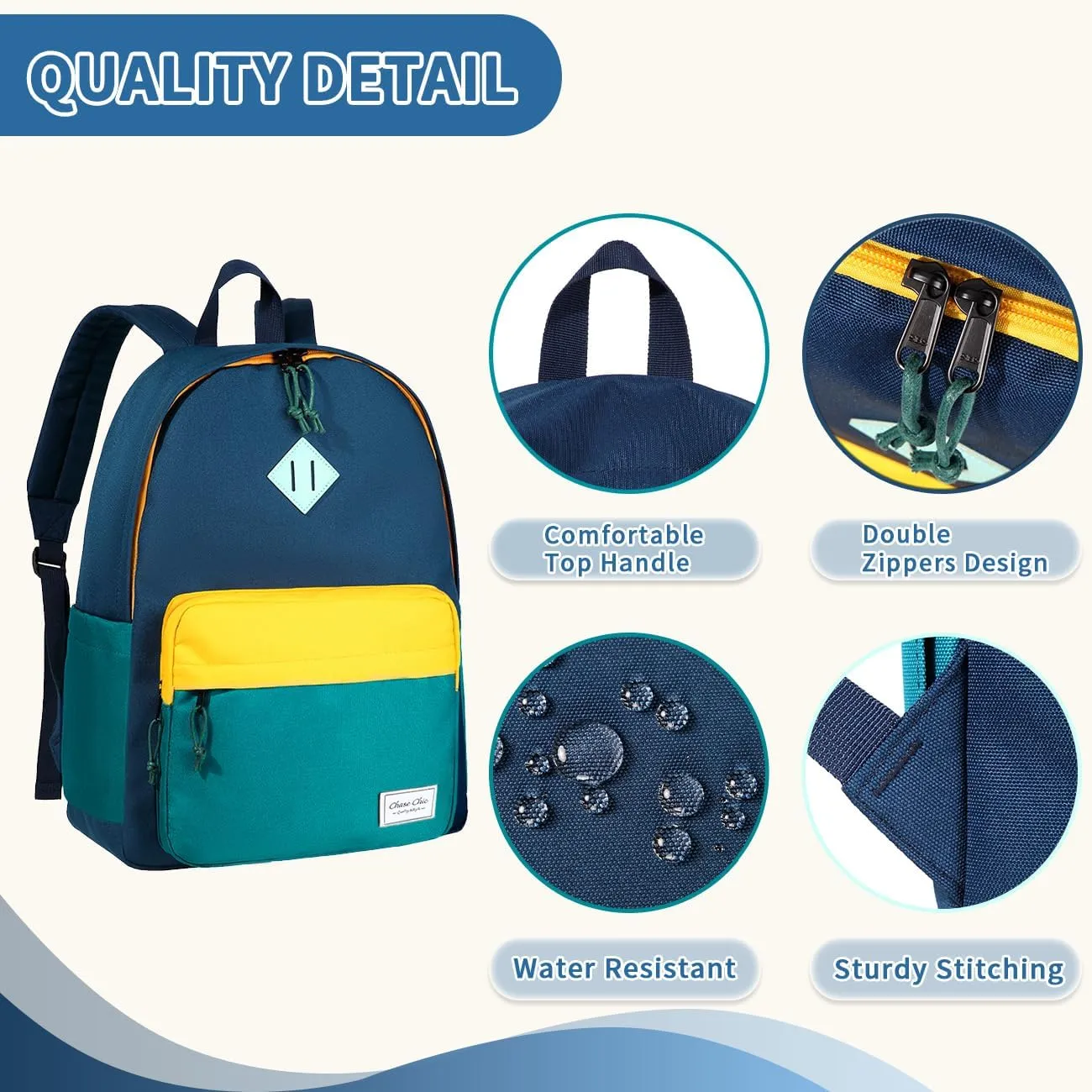 Chase Chic Kids Backpack for Boys - 17 inch School Backpacks for Toddler Girls Fits 6 to 12 Years Old - Lightweight Water Resistant Preschool Bookbag for Travel Daycare (Blue)